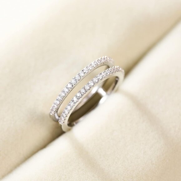🆕 Women Silver Cubic Zirconia Half Eternity Stackable Engagement Double Ring - Picture 2 of 6